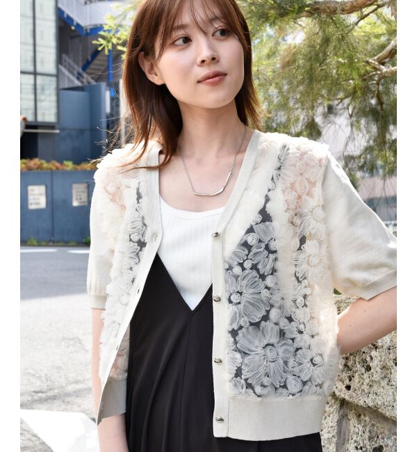  「チュール刺繍ハーフスリーブカーディガン」|カーディガン|