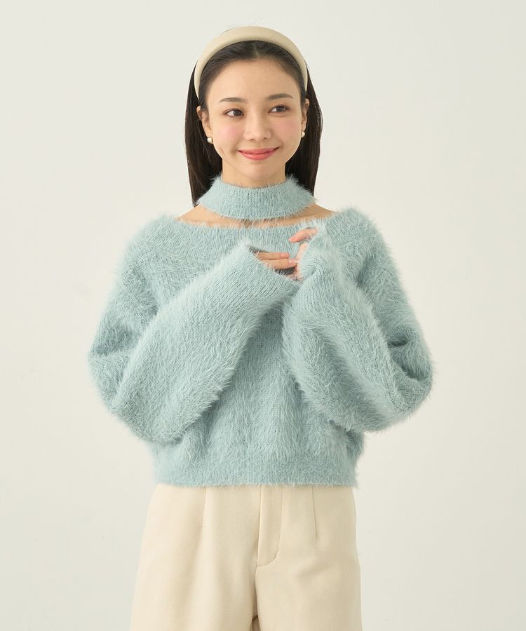 earth music&ecology「ロングシャギースリットネックニットプルオーバー」|ニット・セーター|Mint Green