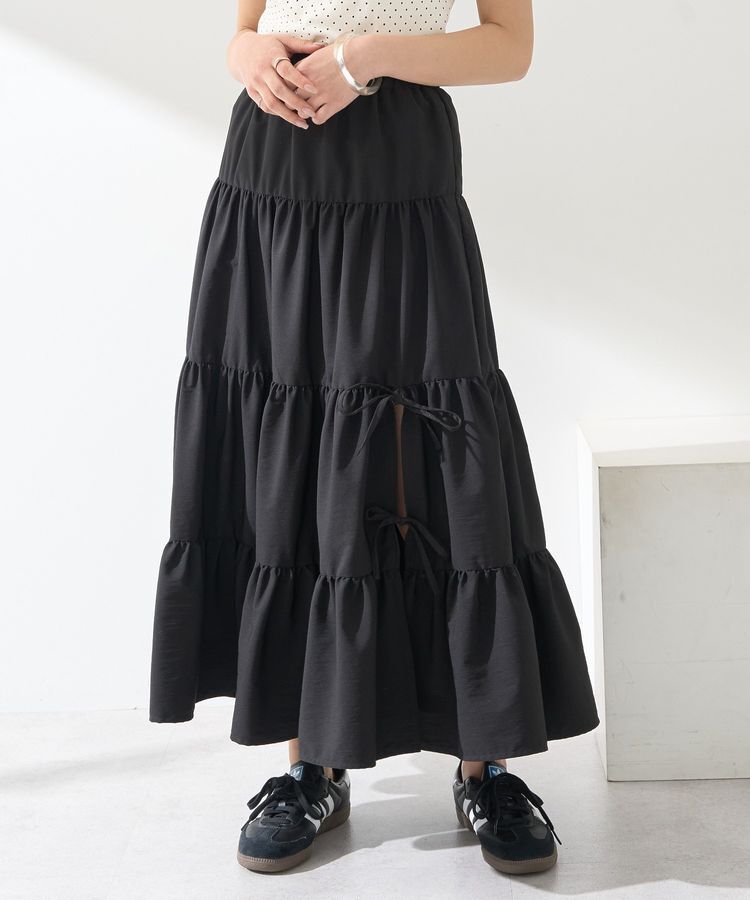 earth music&ecology「スリットリボンティアードスカート」|フレア|Black