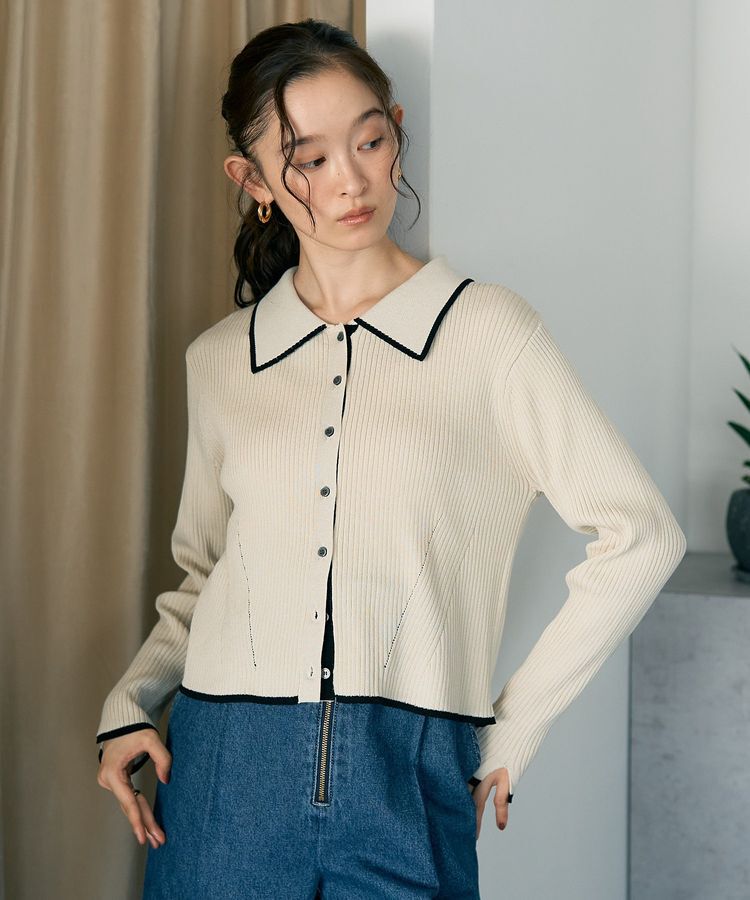 earth music&ecology「【WEB限定】バイカラートリムニットカーディガン」|カーディガン|Ivory