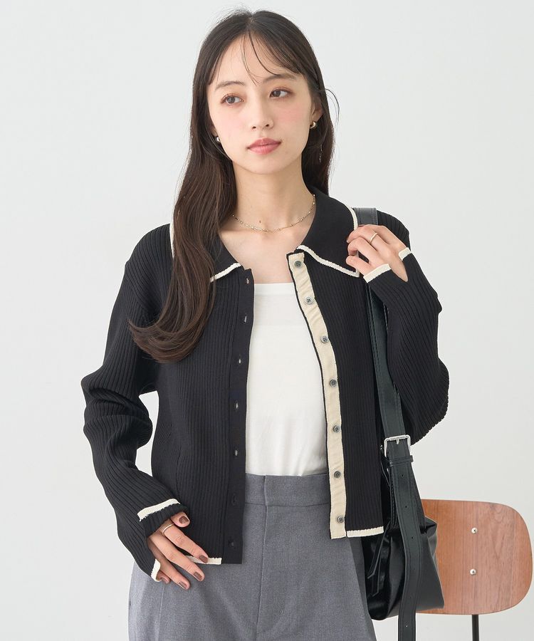 earth music&ecology「【WEB限定】バイカラートリムニットカーディガン」|カーディガン|Black