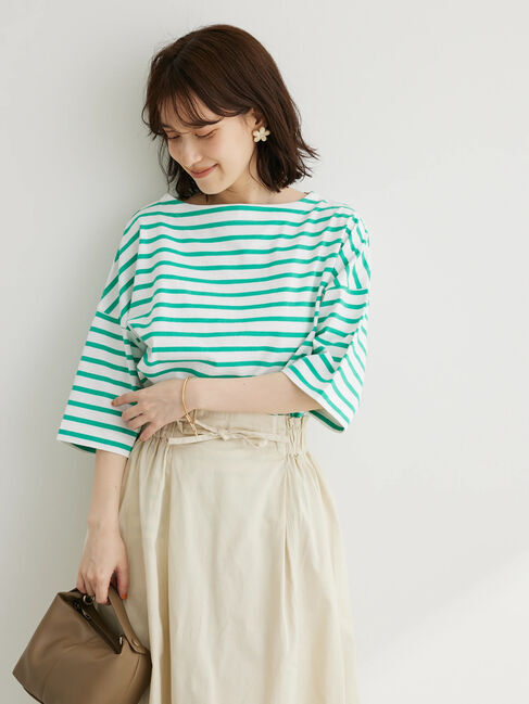  「ボーダーボートネック7分袖プルオーバー」|Tシャツ・カットソー|グリーン