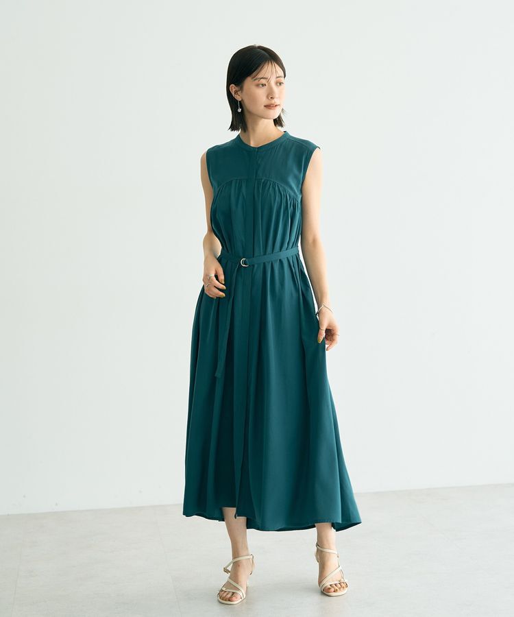 YECCA VECCA「ベルト付きラメステッチギャザーワンピース」|ワンピース|Green