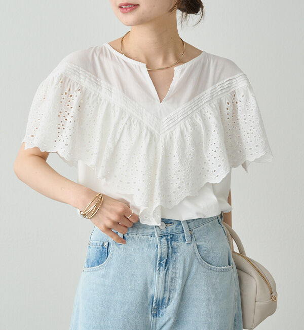  「【ブラウス見え】スカラップレースドッキングTシャツ」|Tシャツ・カットソー|