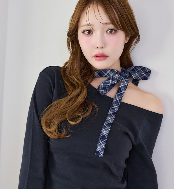  「リボンタイ／ワンショルカットトップス」|プルオーバー|ネイビー