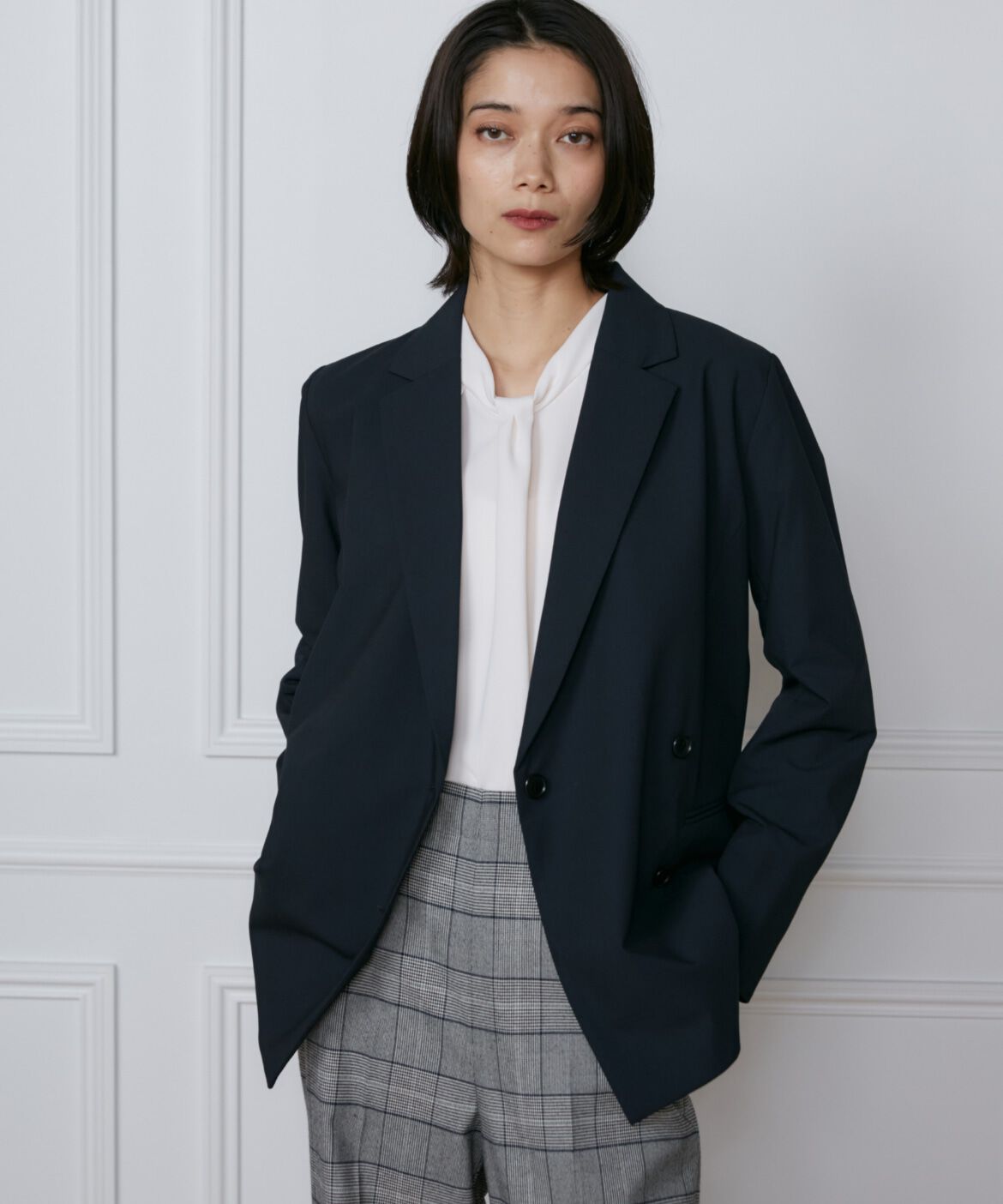 INED「2WAYストレッチダブルブレストサイド釦ジャケット」|テーラードジャケット|ネイビー