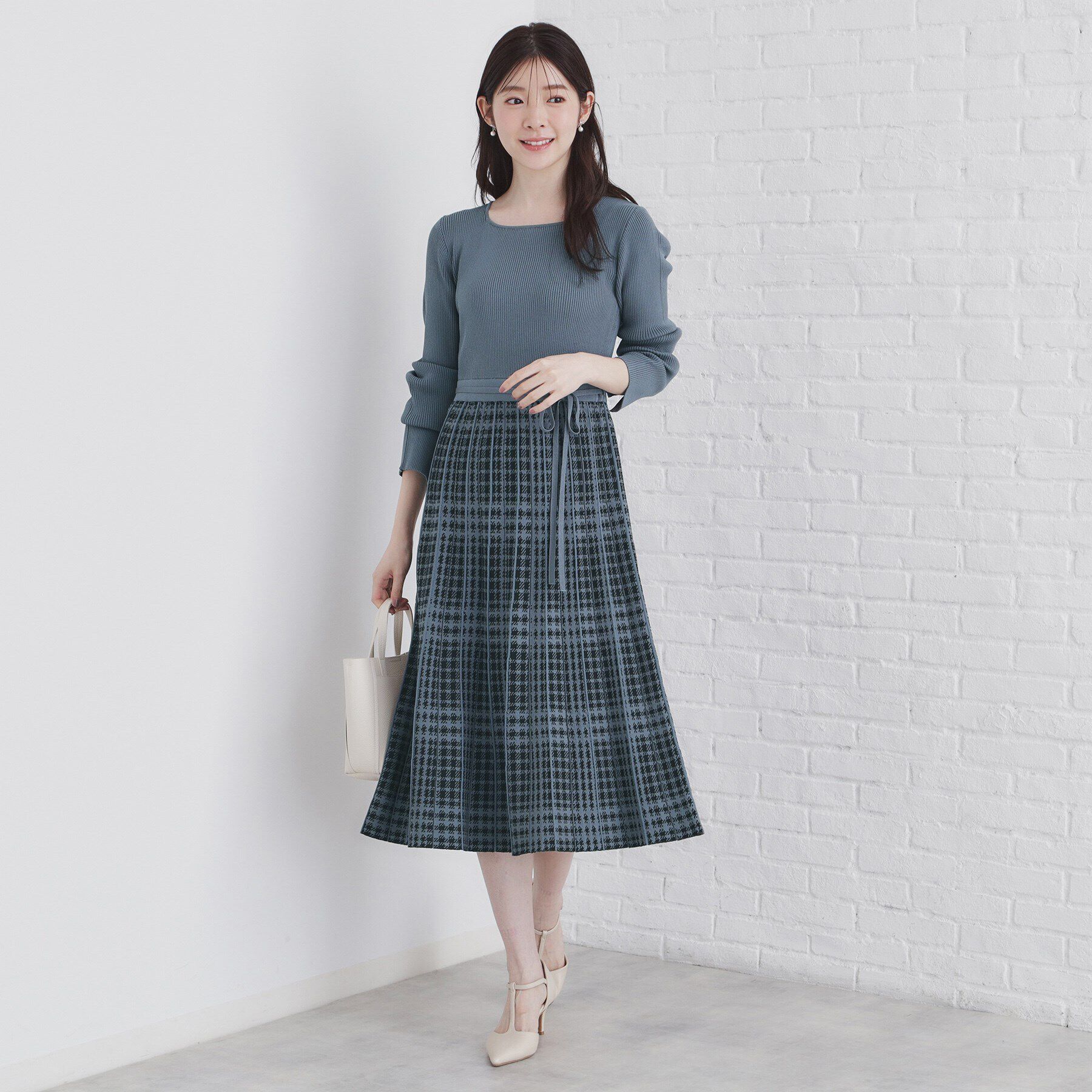 index「チェックプリーツ風ニットワンピース【洗濯機洗い可/抗ピル】」|ワンピース|