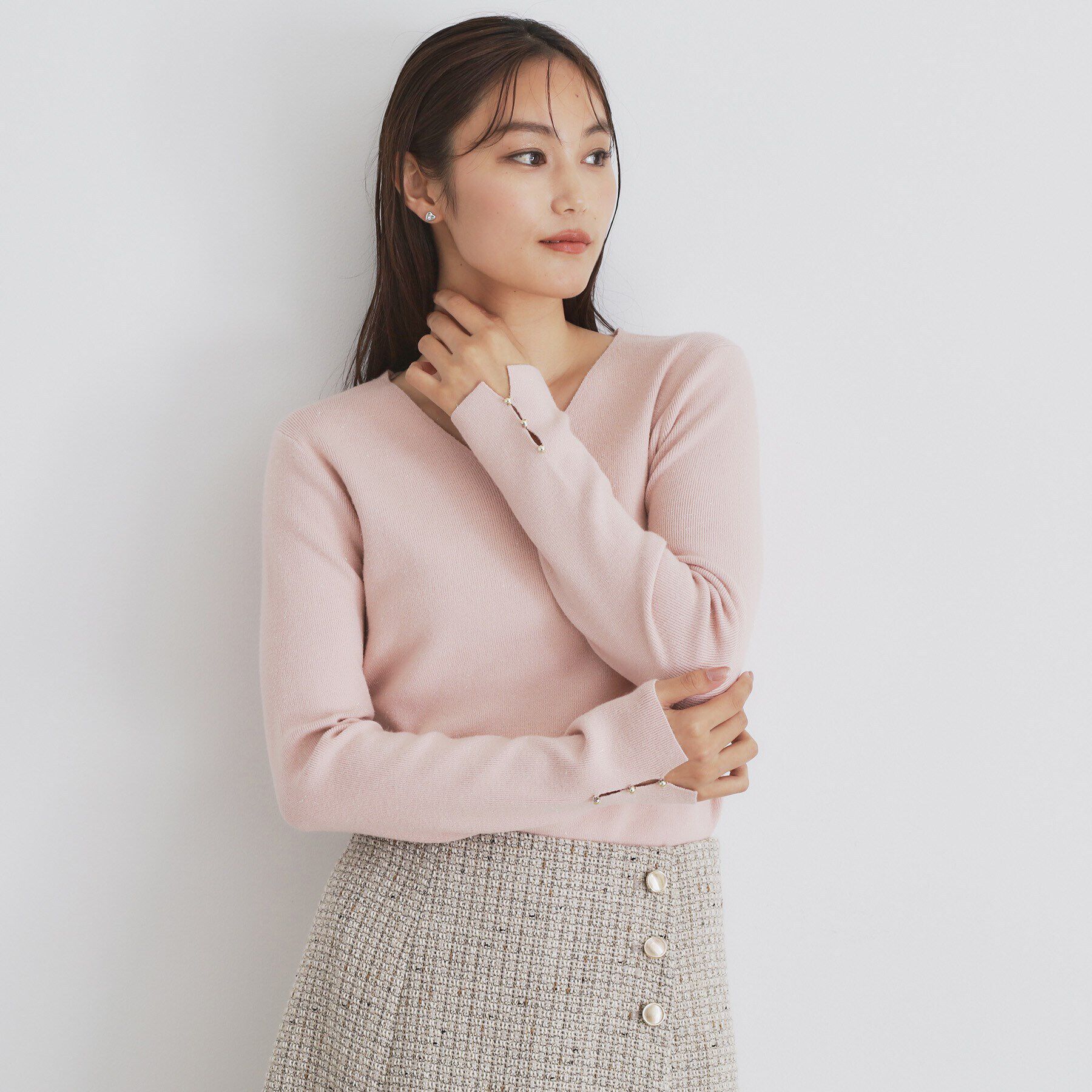 index「《6color/S-LLsize》ラメ混Vネックニット【洗濯機洗い可】」|ニット・セーター|ライトピンク(870