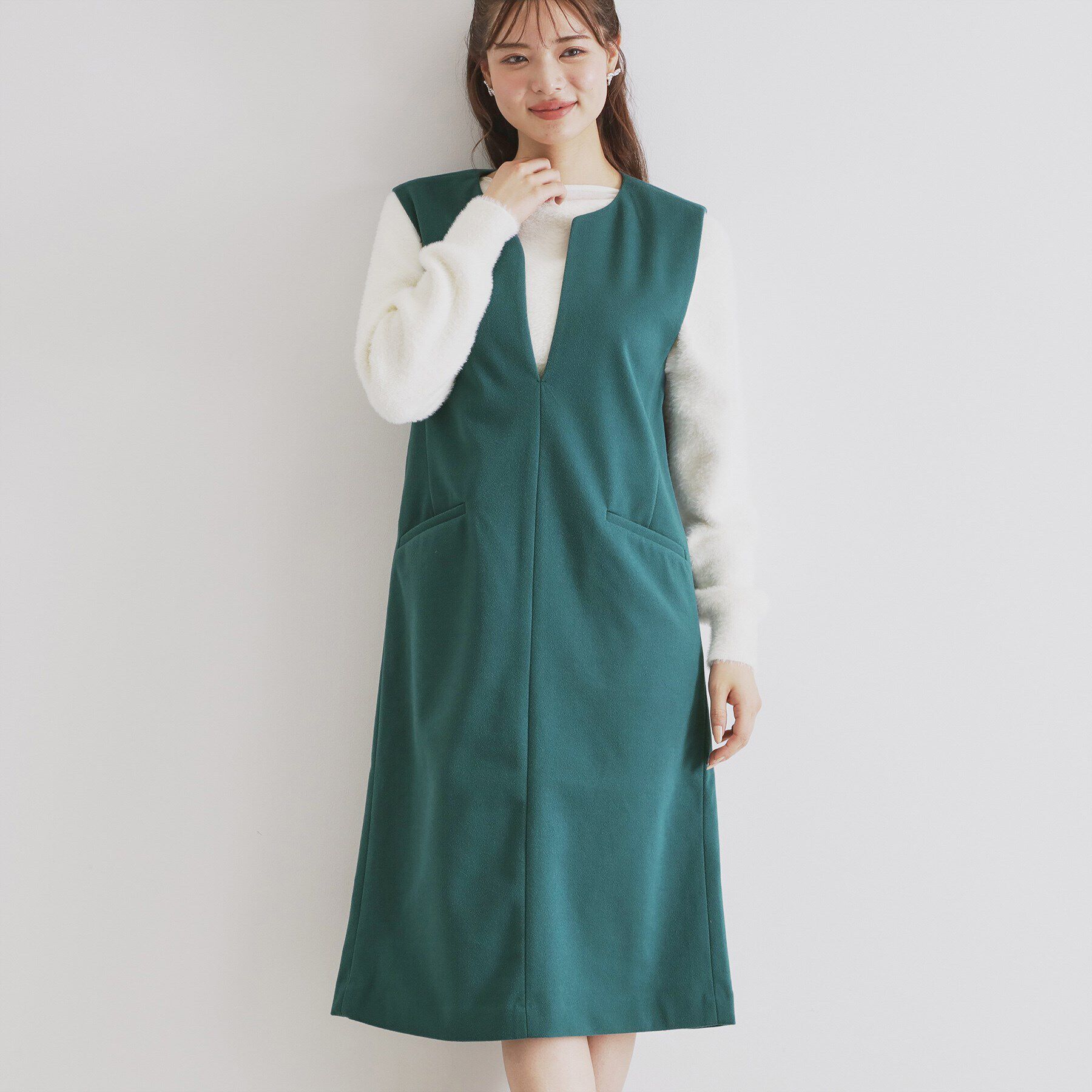 index「スリットネックジャンパースカート【洗濯機洗い可/イージーアイロン】」|ワンピース|ブルーグリーン(89