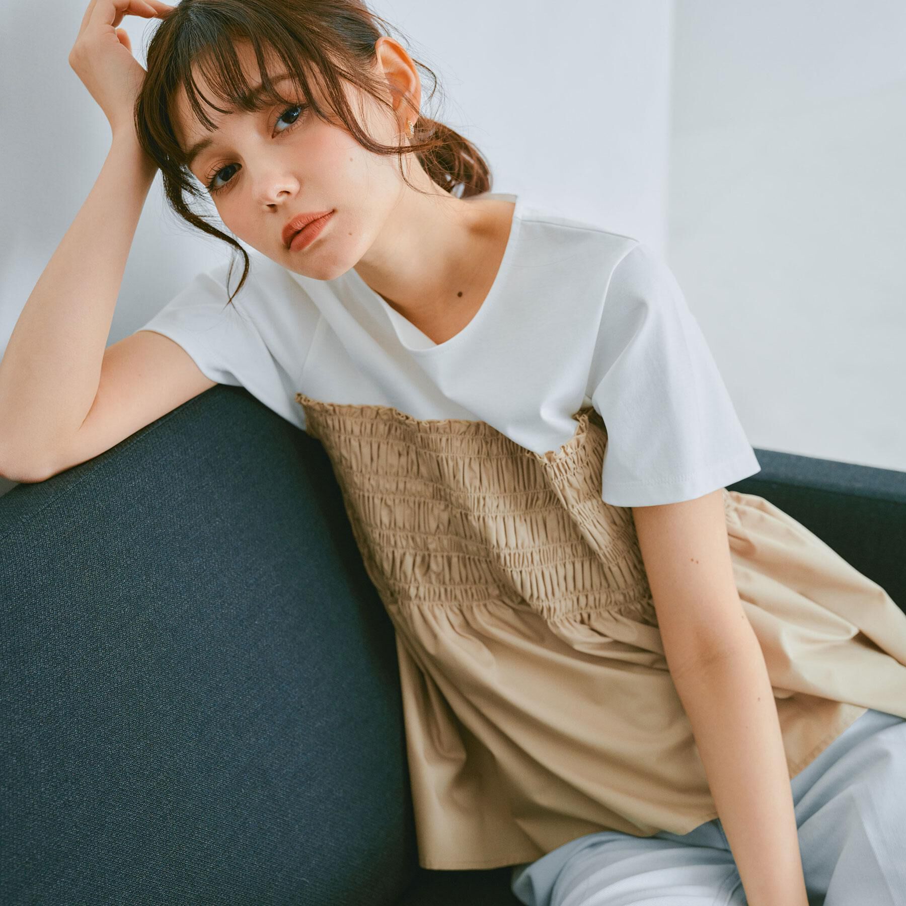 index「シャーリングドッキングペプラムトップス【洗濯機洗い可】」|Tシャツ・カットソー|キャメルブラウン(5