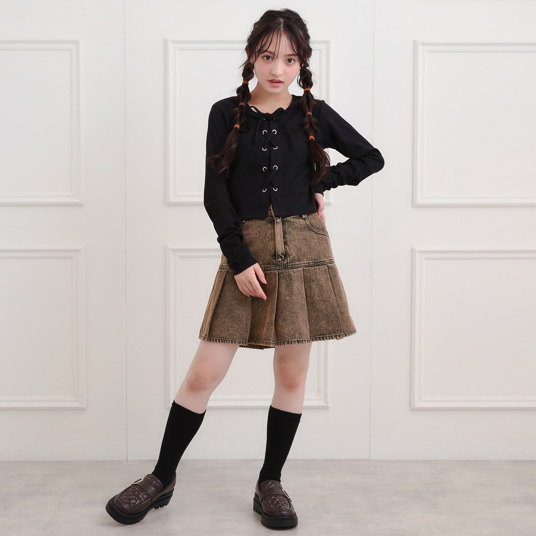 PINK-latte「デニム裾プリーツスカート」|スカート|