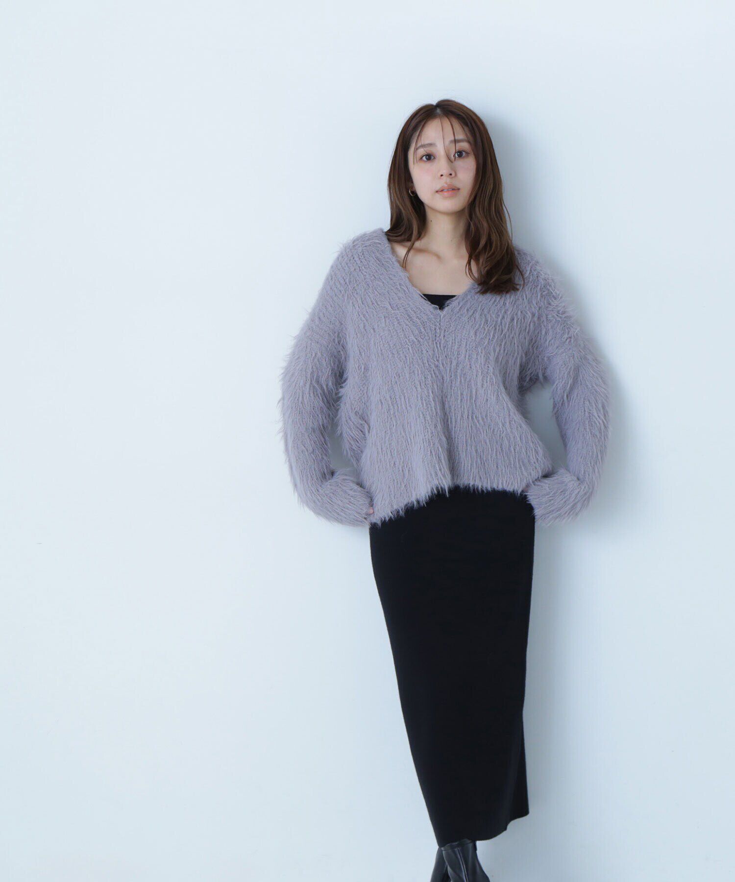  「フェザーニットセットキャミワンピース」|ワンピース|グレー&times;クロ2