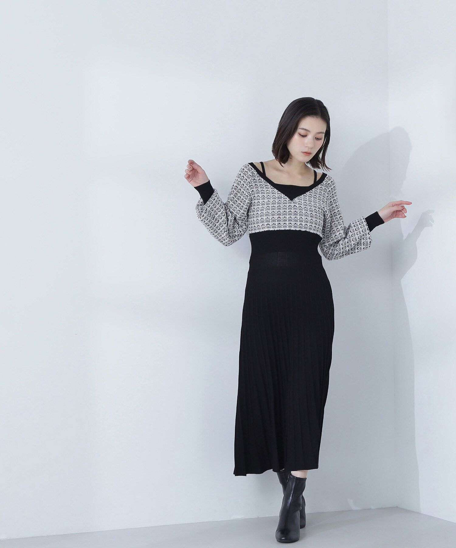  「スプリングツイードニットワンピース」|ワンピース|