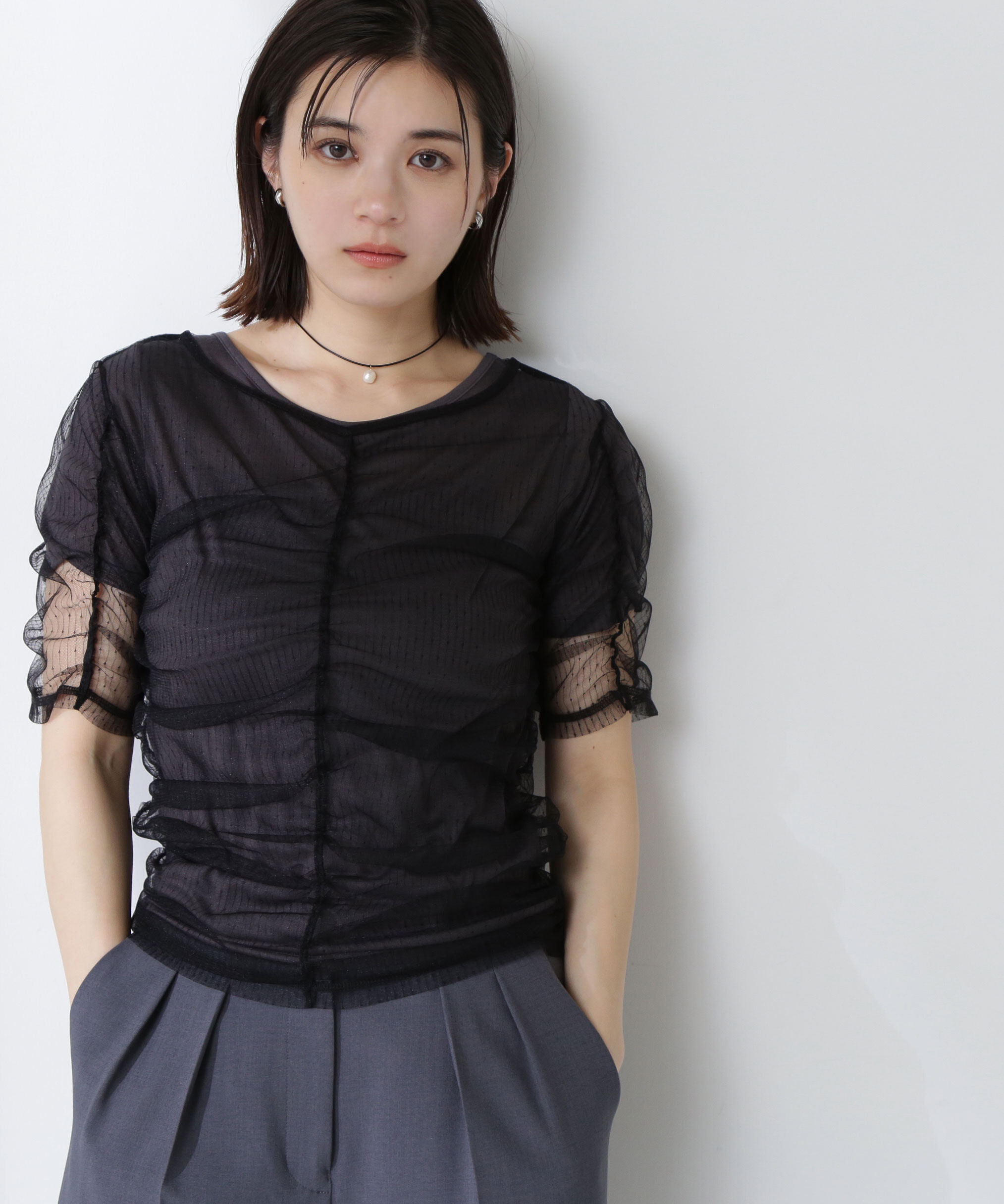  「ギャザーチュールレイヤードTシャツ」|Tシャツ・カットソー|