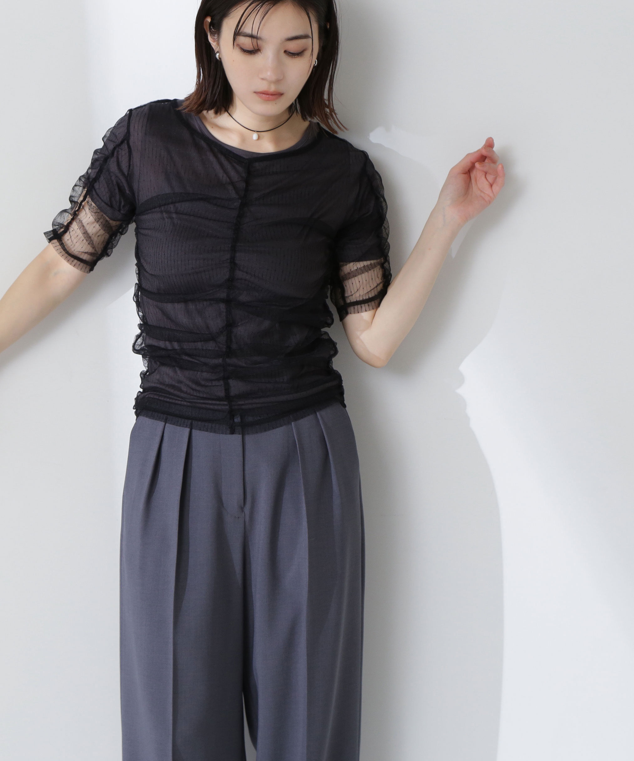  「ギャザーチュールレイヤードTシャツ」|Tシャツ・カットソー|