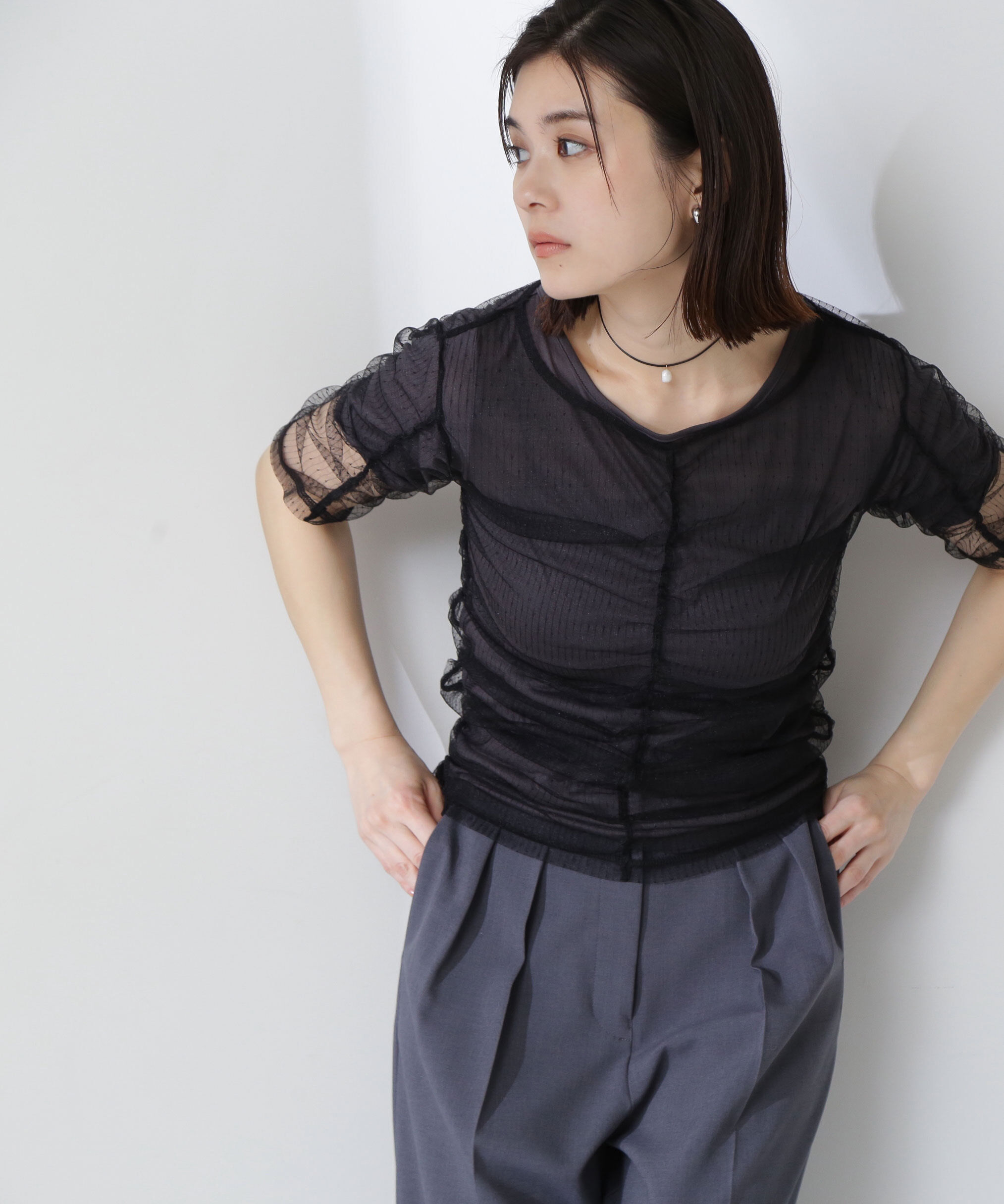  「ギャザーチュールレイヤードTシャツ」|Tシャツ・カットソー|