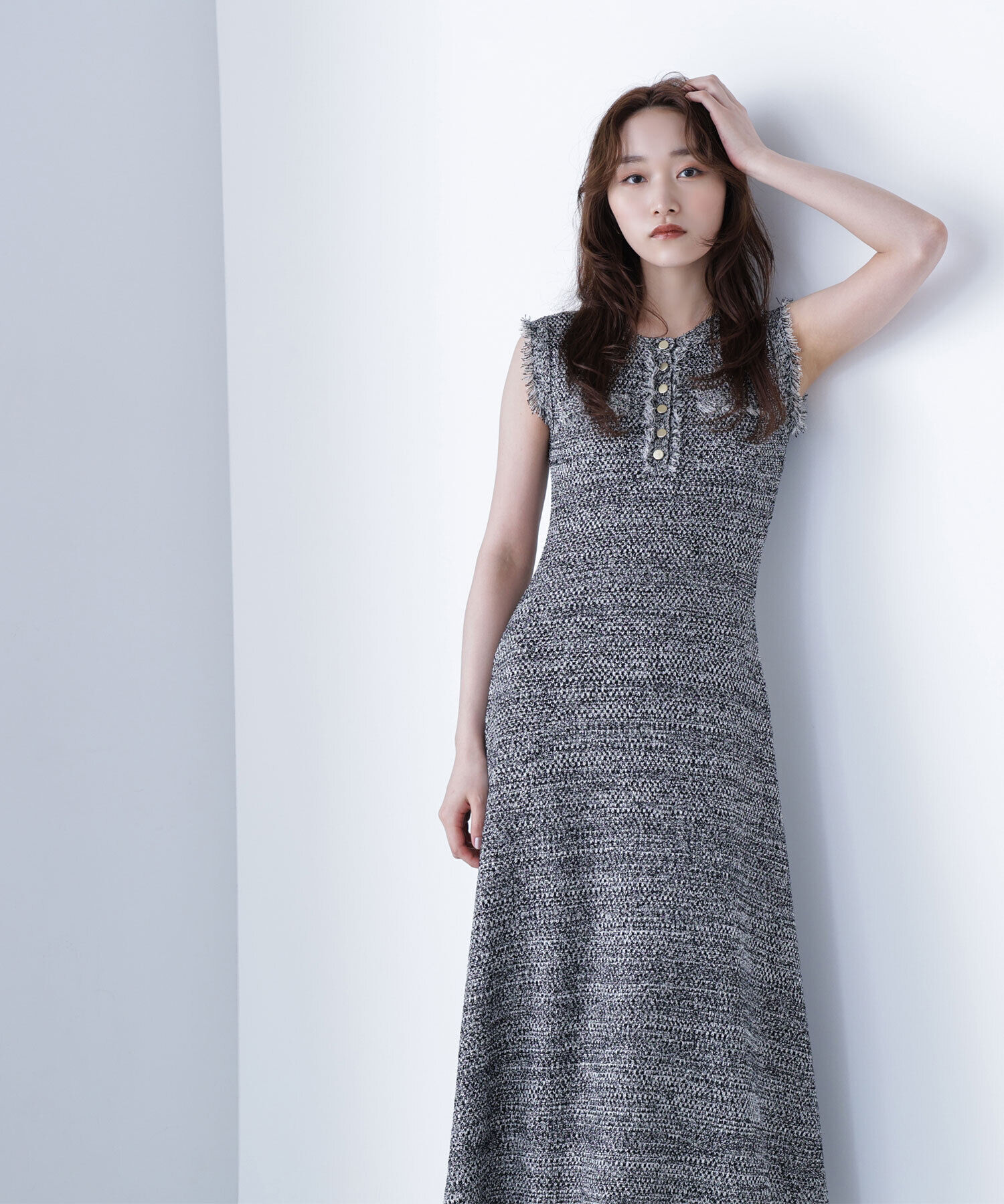  「フリンジツイードニットワンピース」|ワンピース|