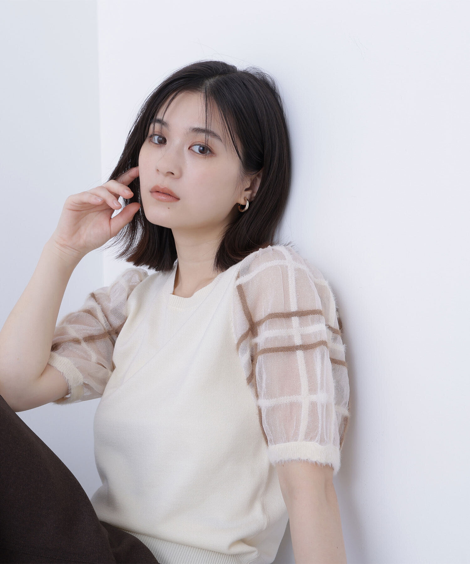  「シアーチェックスリーブニット」|ニット・セーター|オフ系2