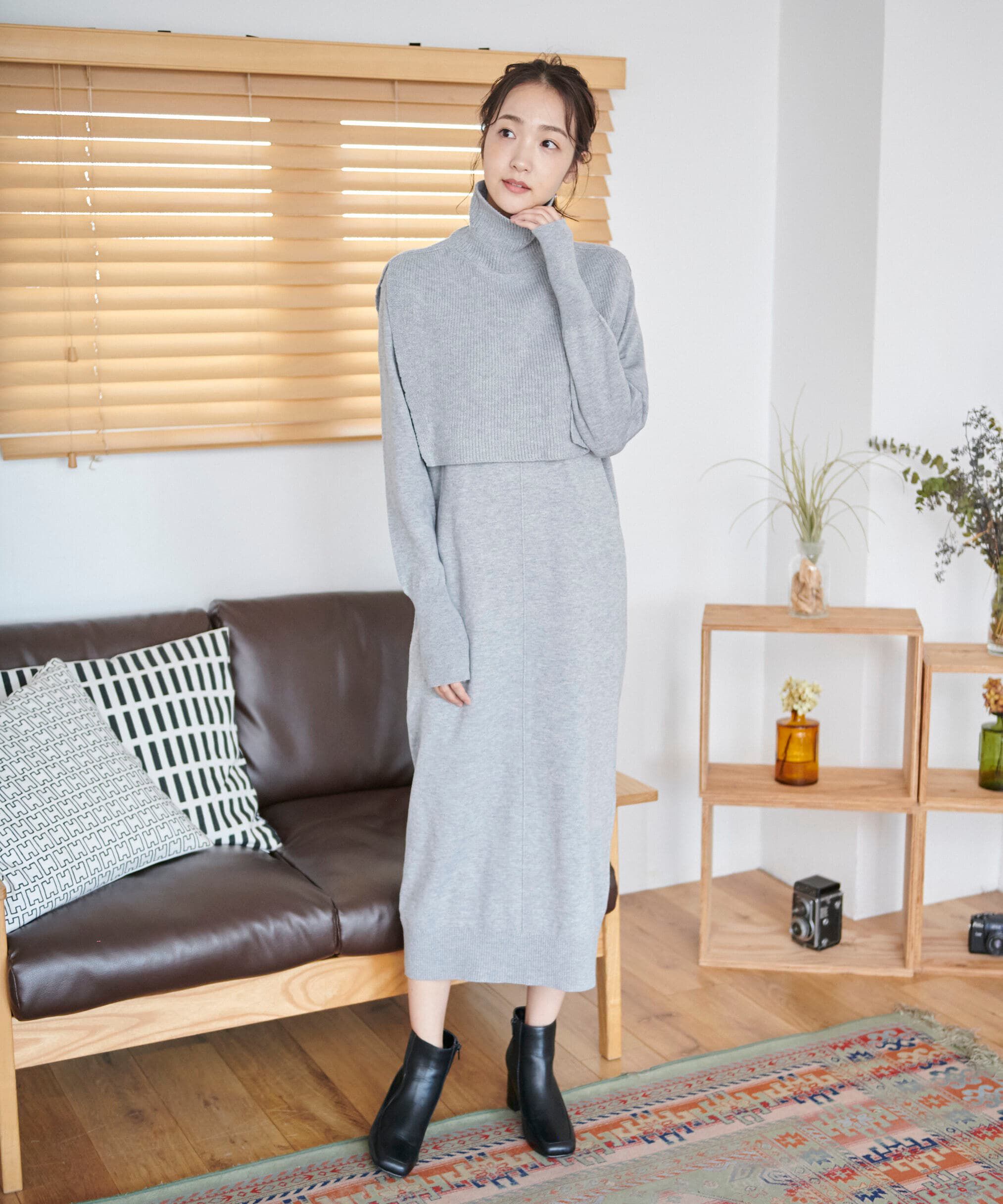  「ハイネックレイヤードニットワンピース」|ワンピース|