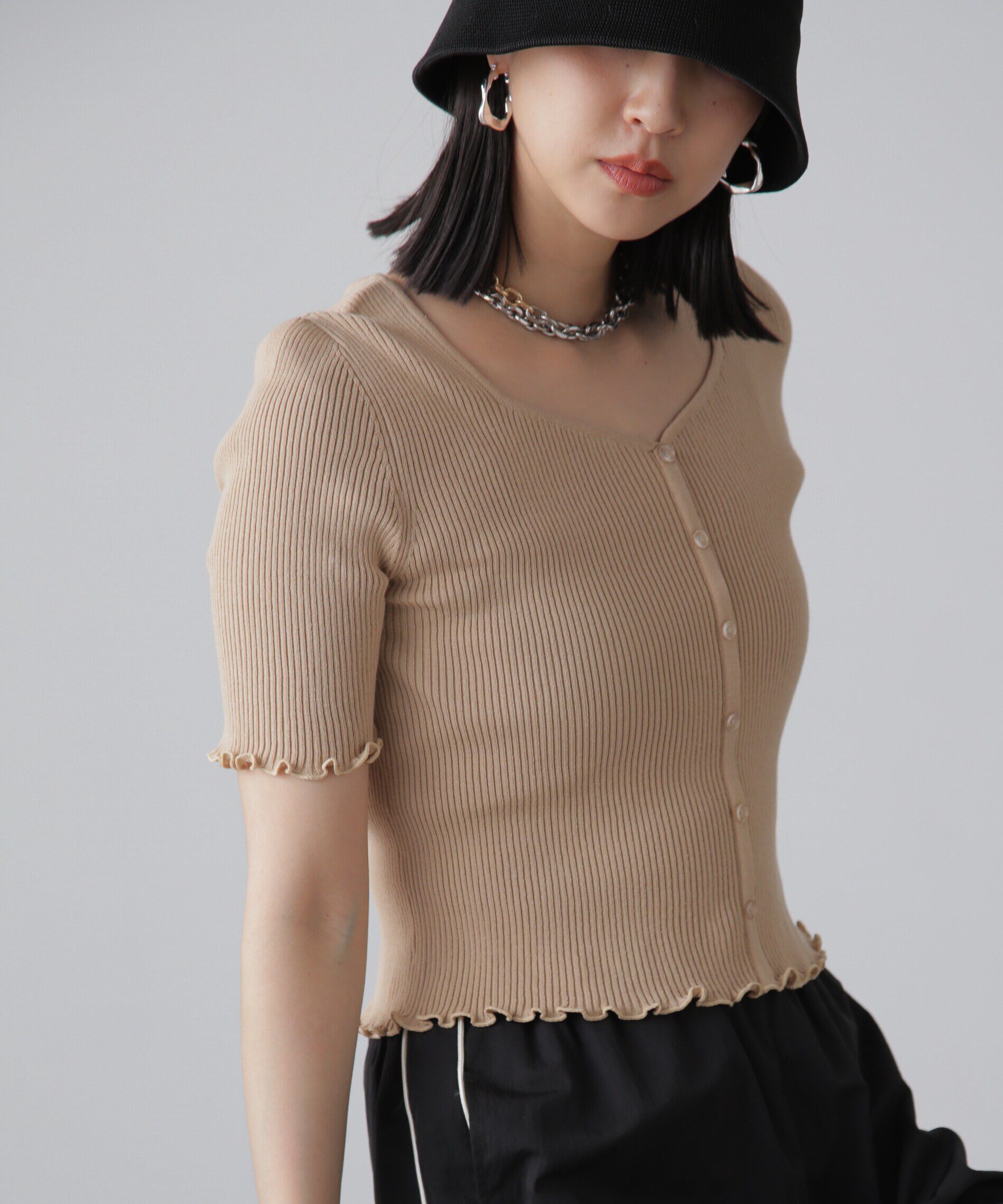  「前後2Wayメローフリル半袖ニット」|ニット・セーター|