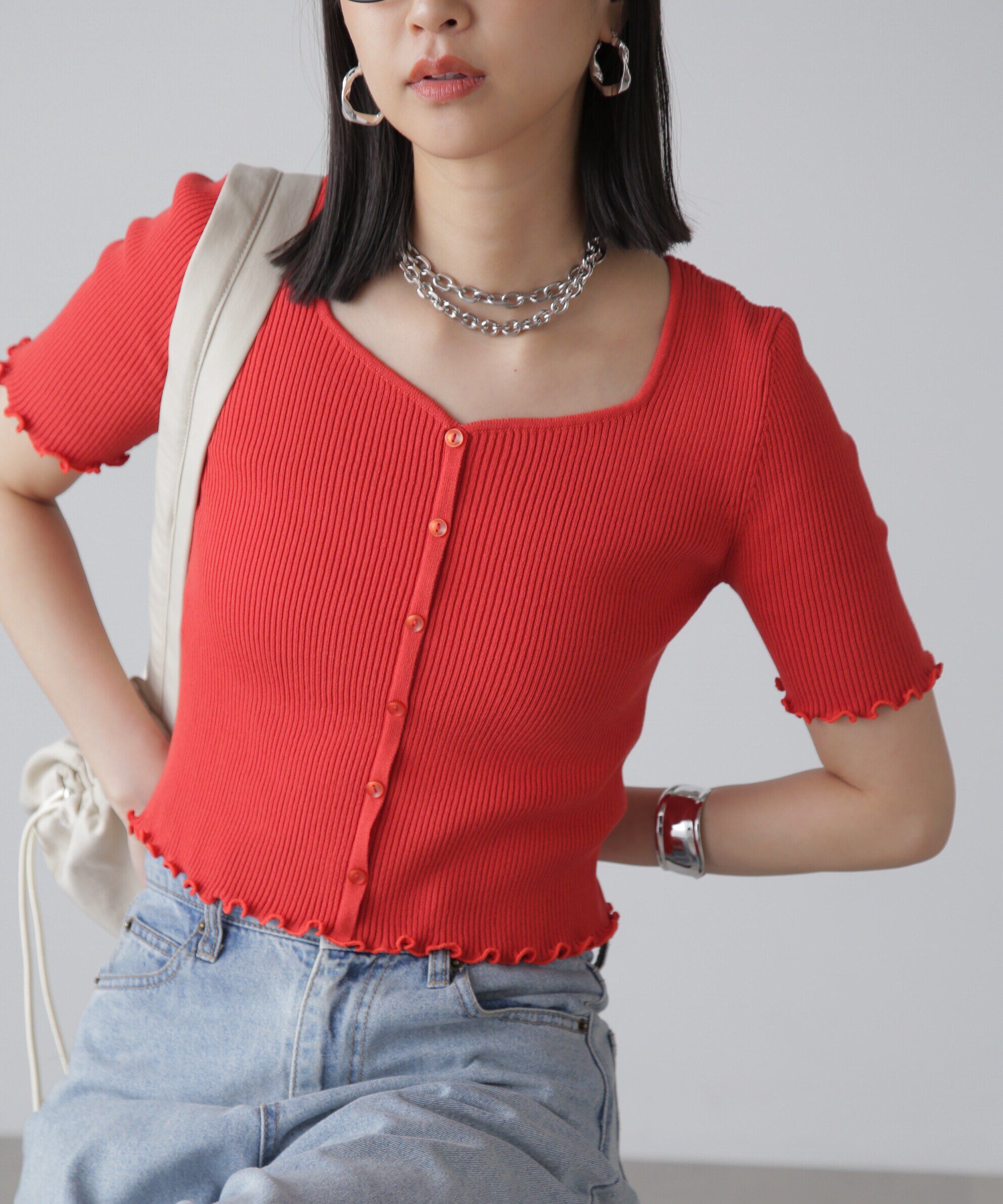  「前後2Wayメローフリル半袖ニット」|ニット・セーター|