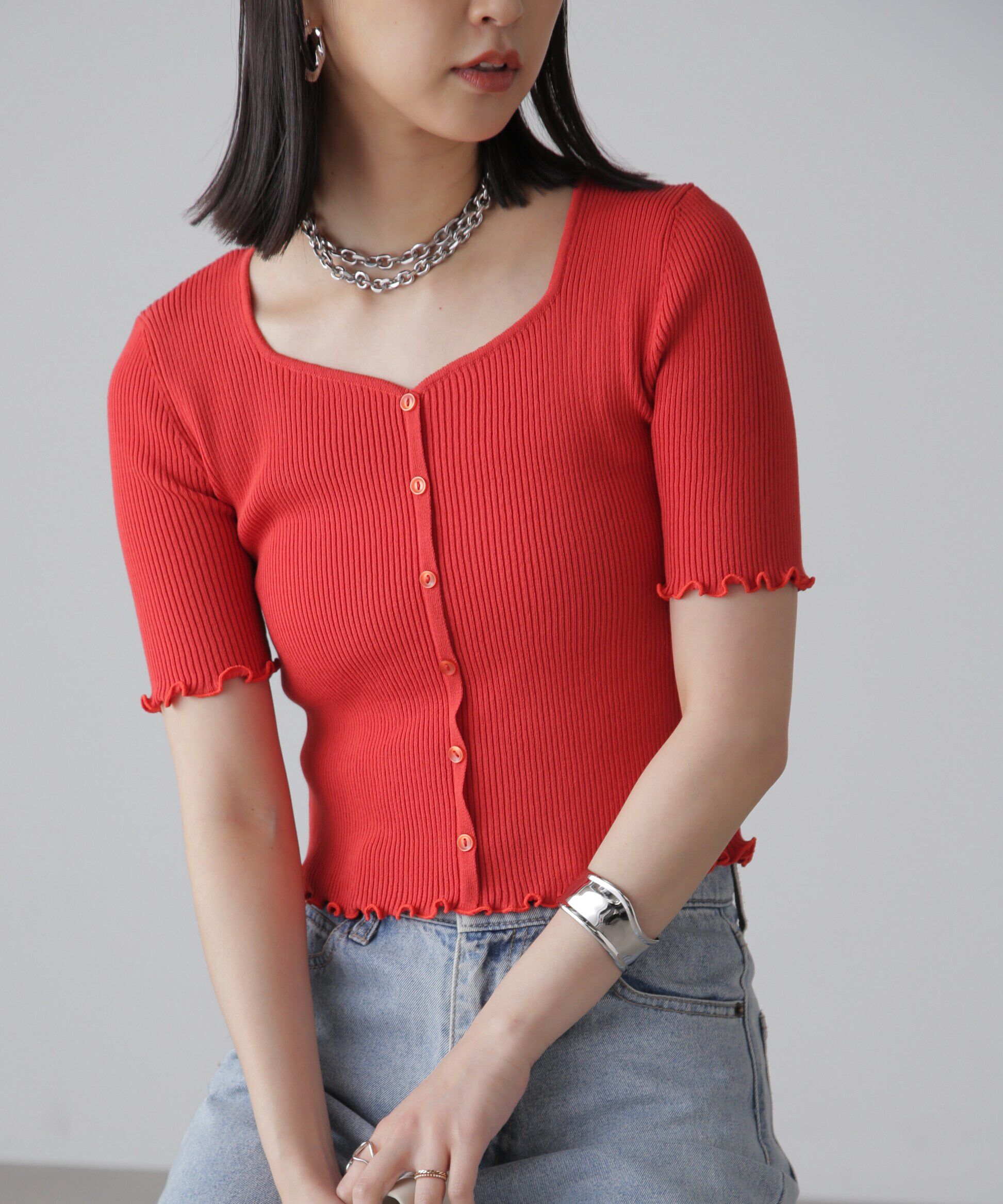  「前後2Wayメローフリル半袖ニット」|ニット・セーター|