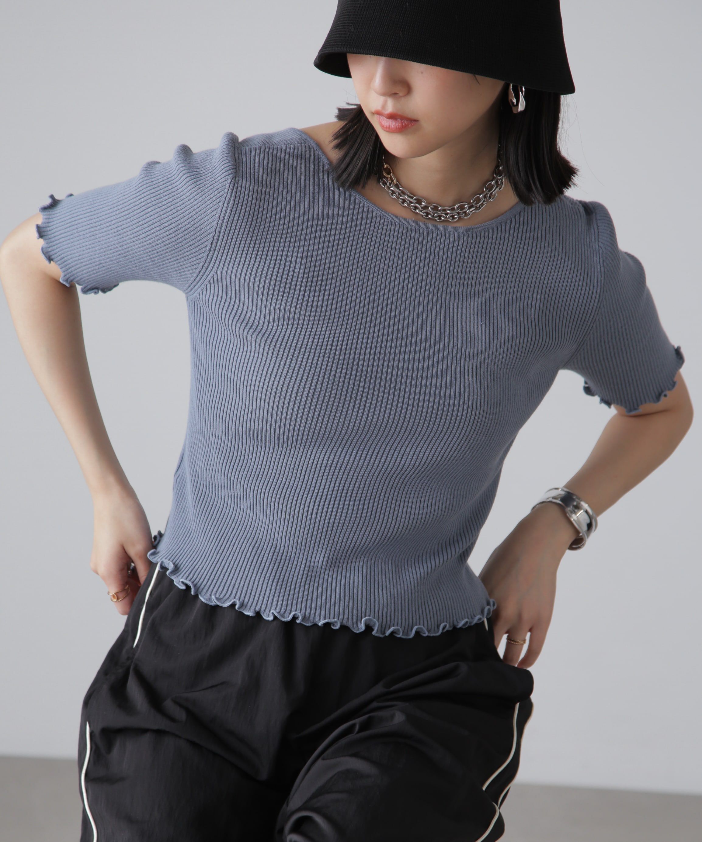  「前後2Wayメローフリル半袖ニット」|ニット・セーター|