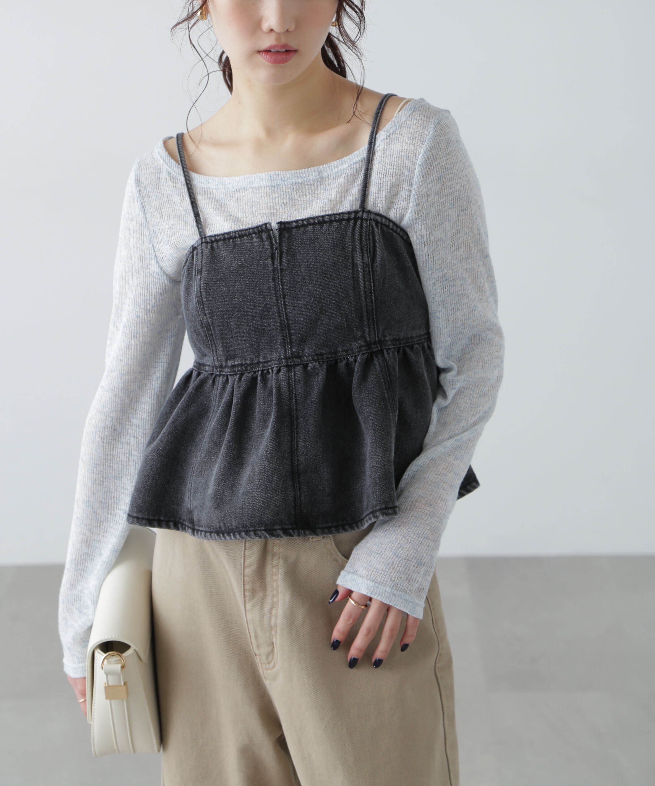  「ペプラムギャザーデニムビスチェ」|シャツ・ブラウス|ブラック1