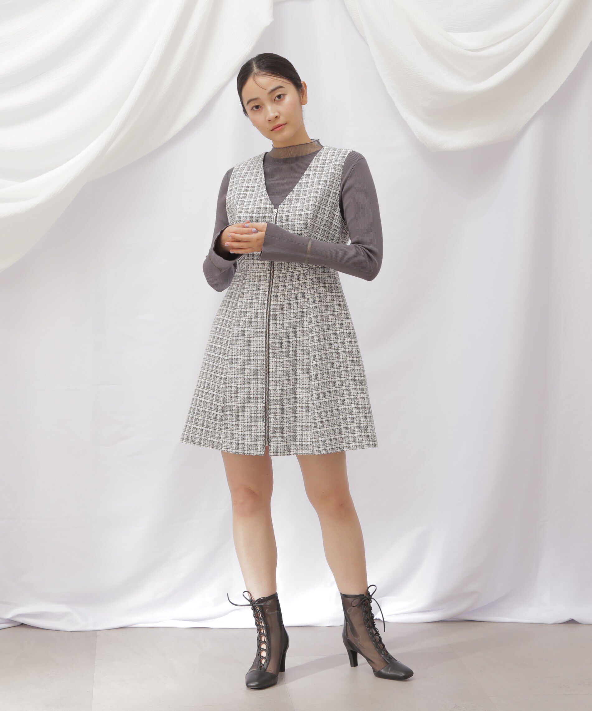  「◇フロントジップツイードミニワンピース」|ワンピース|
