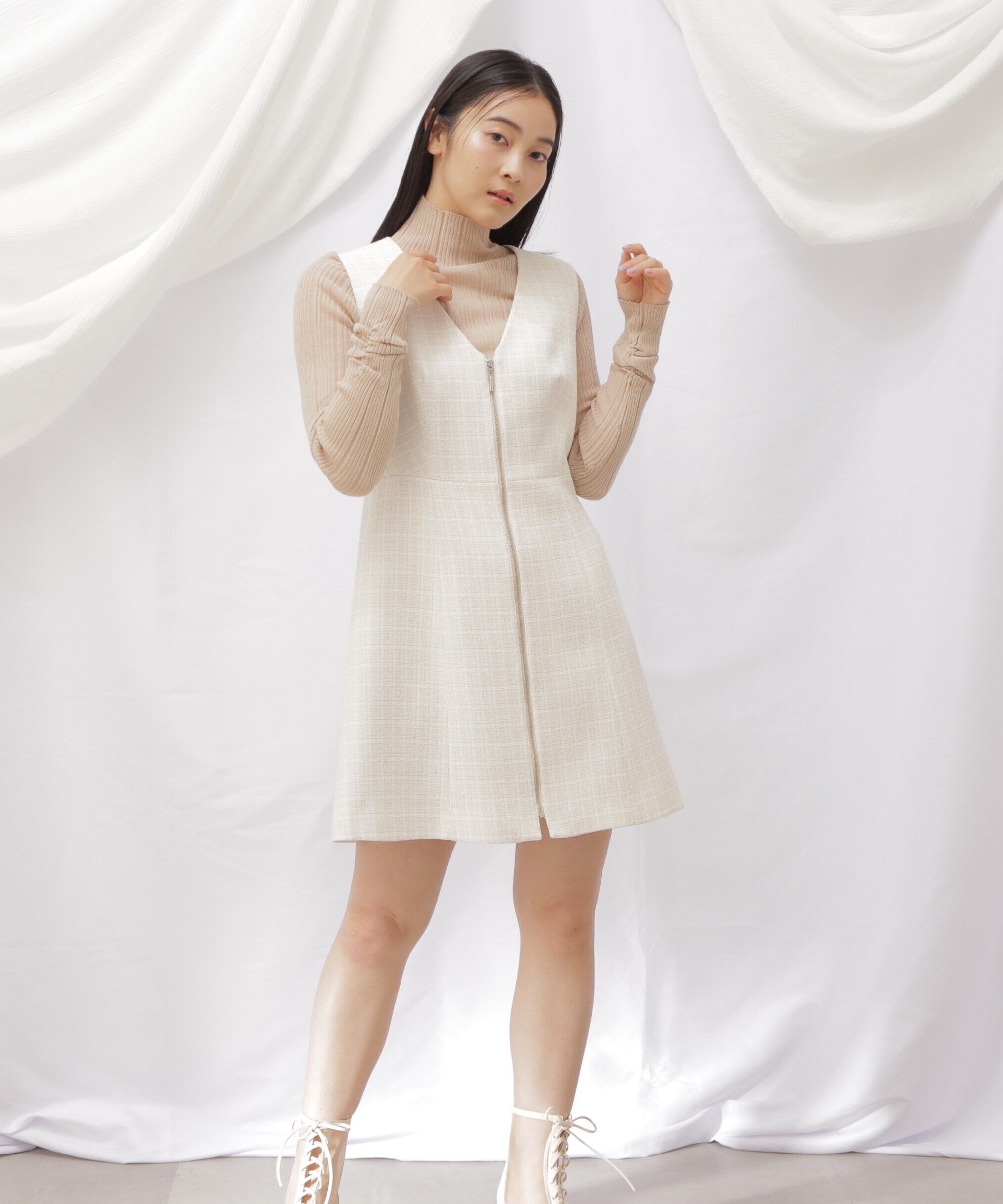  「◇フロントジップツイードミニワンピース」|ワンピース|