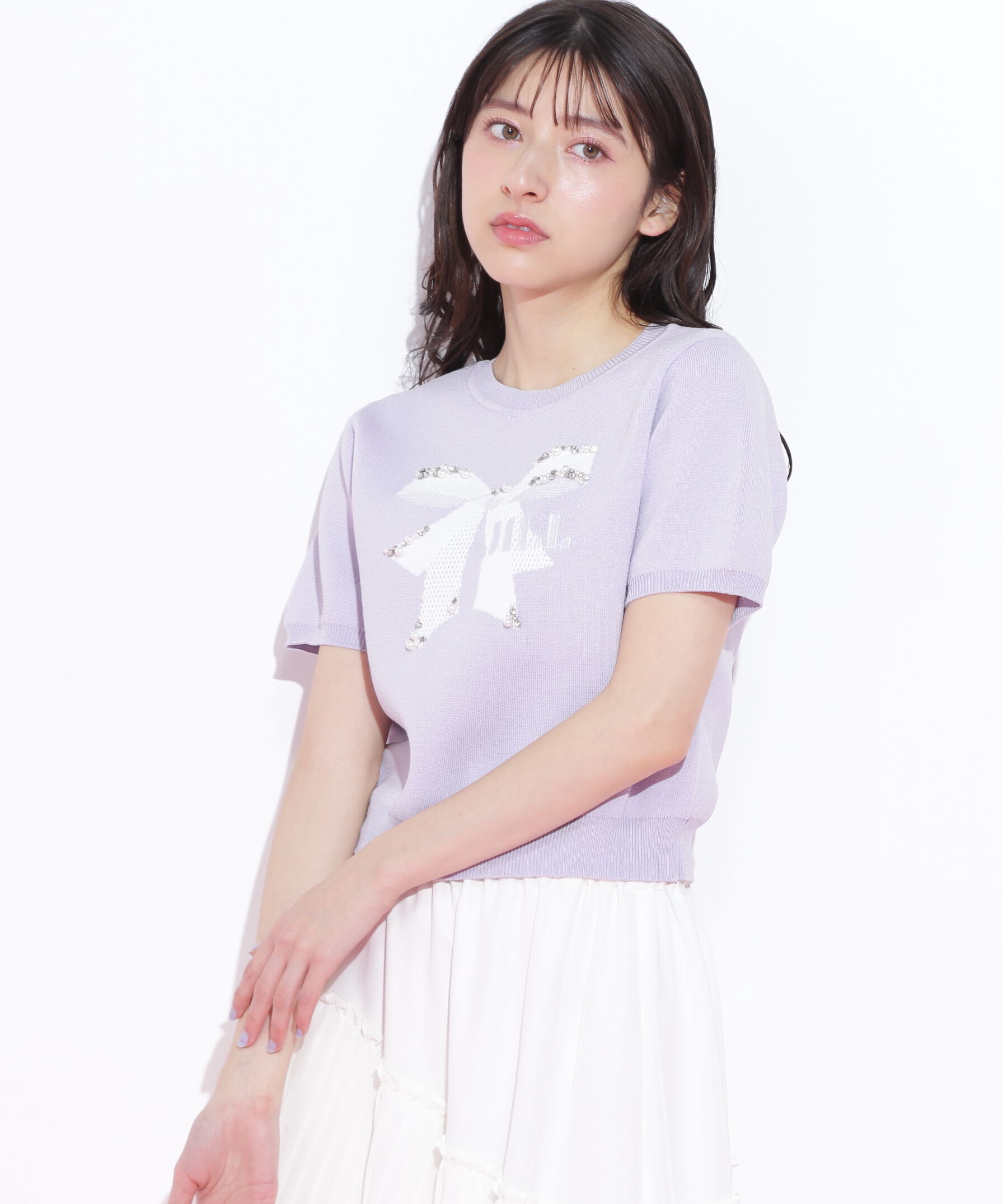  「リボンジャガードビジューニットトップス」|ニット・セーター|