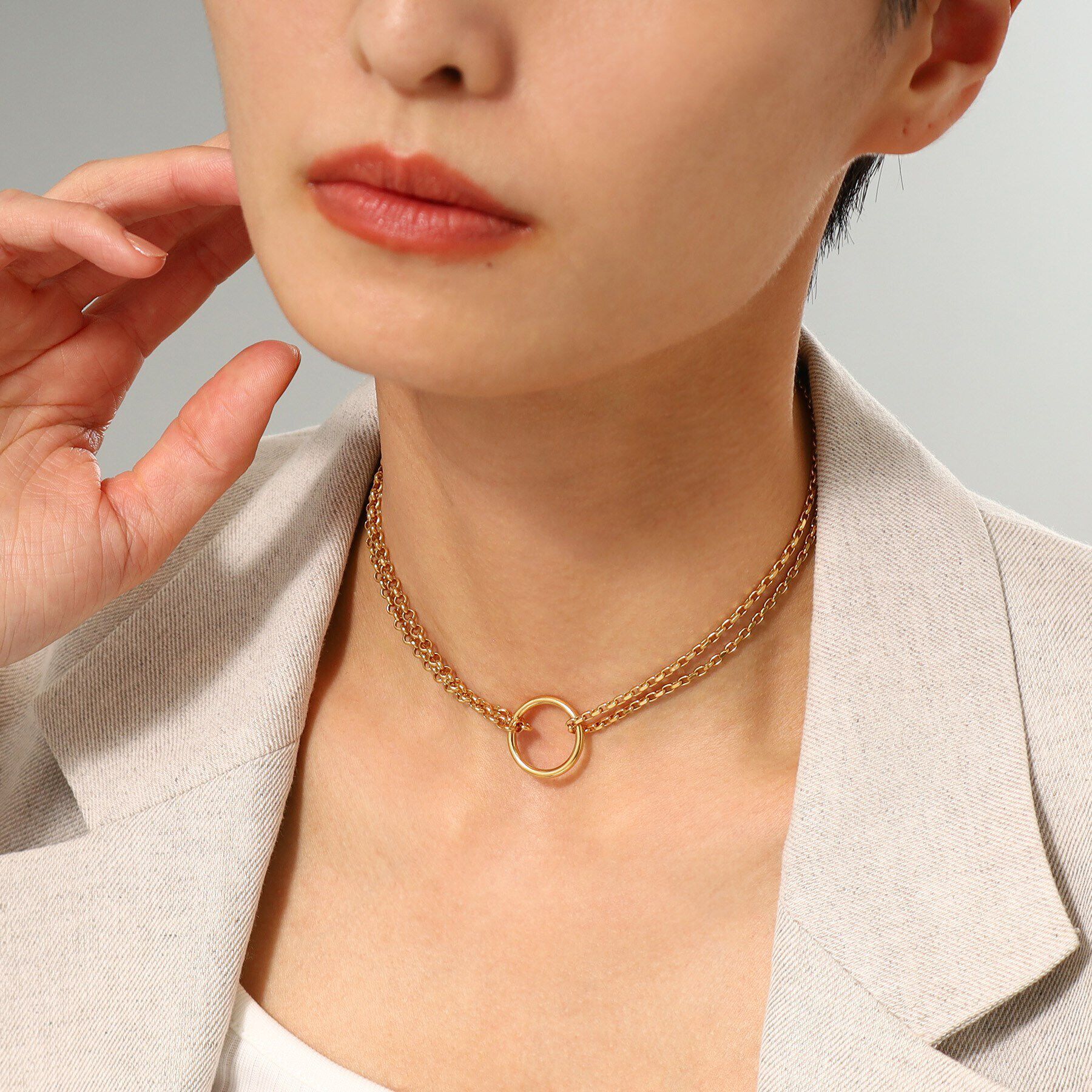 COCOSHNIK ONKITSCH「シルバー サークルモチーフ ダブルチェーンチョーカー GP」|ネックレス|