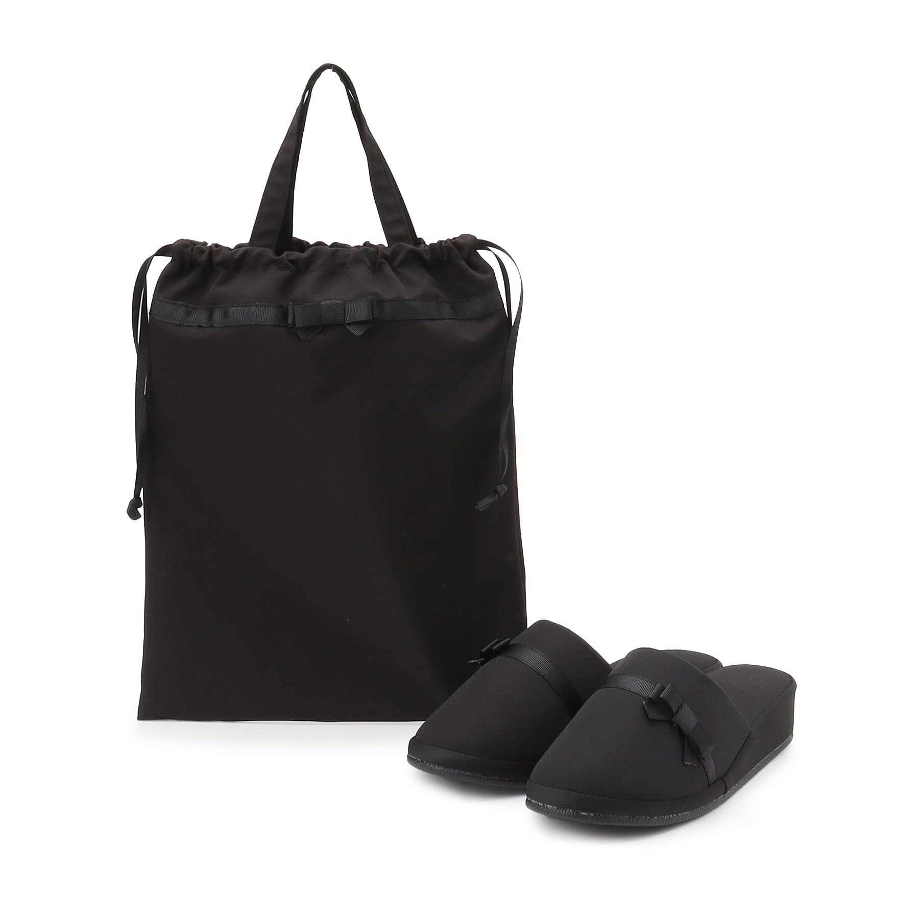 SHOO･LA･RUE「巾着トート付きヒールスリッパ」|ルームシューズ|ﾌﾞﾗｯｸ(019)