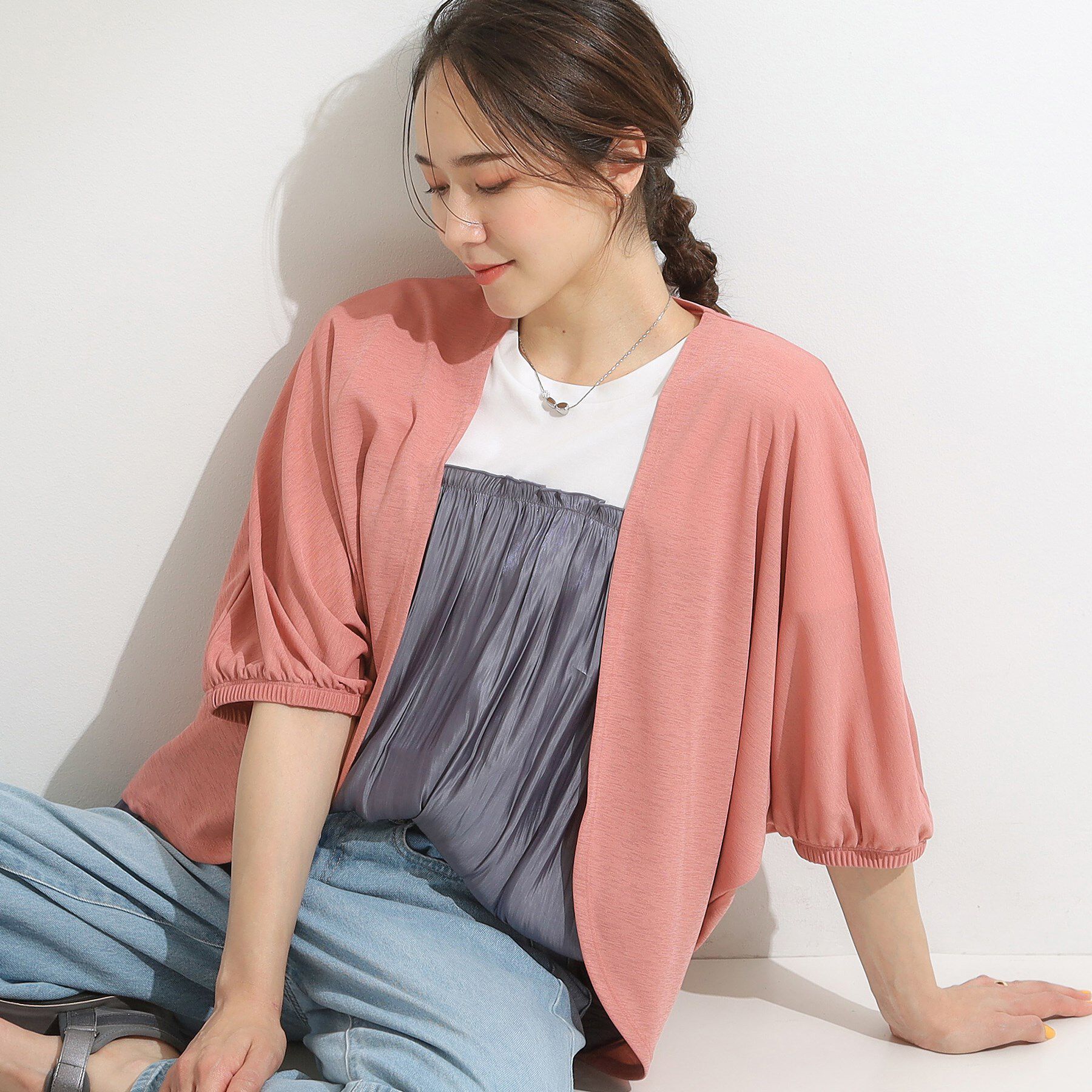 SHOO･LA･RUE「【ひんやり/UV/さらさらタッチ】女性らしさ漂う 5分袖ボレロカーディガン」|カーディガン|ピンク(072)