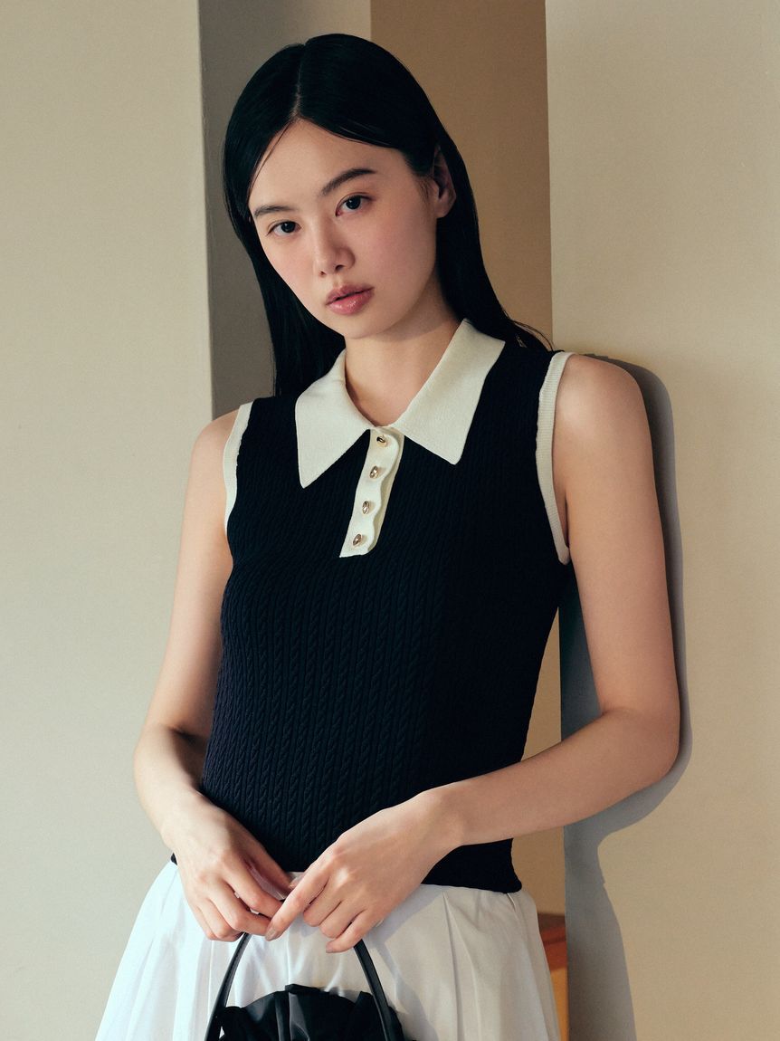 FRAY I.D「ノースリーブケーブルニットポロ／ウォッシャブル」|ポロシャツ|BLK