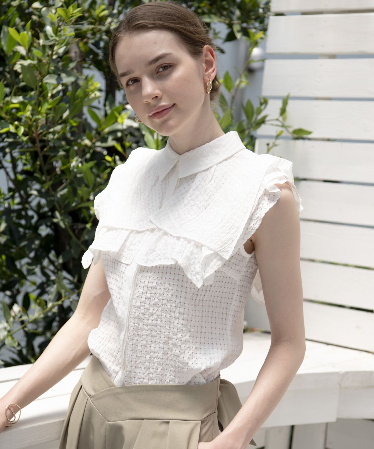 アンドクチュール「シアーチェックレイヤーフリルブラウス」|シャツ・ブラウス|オフ