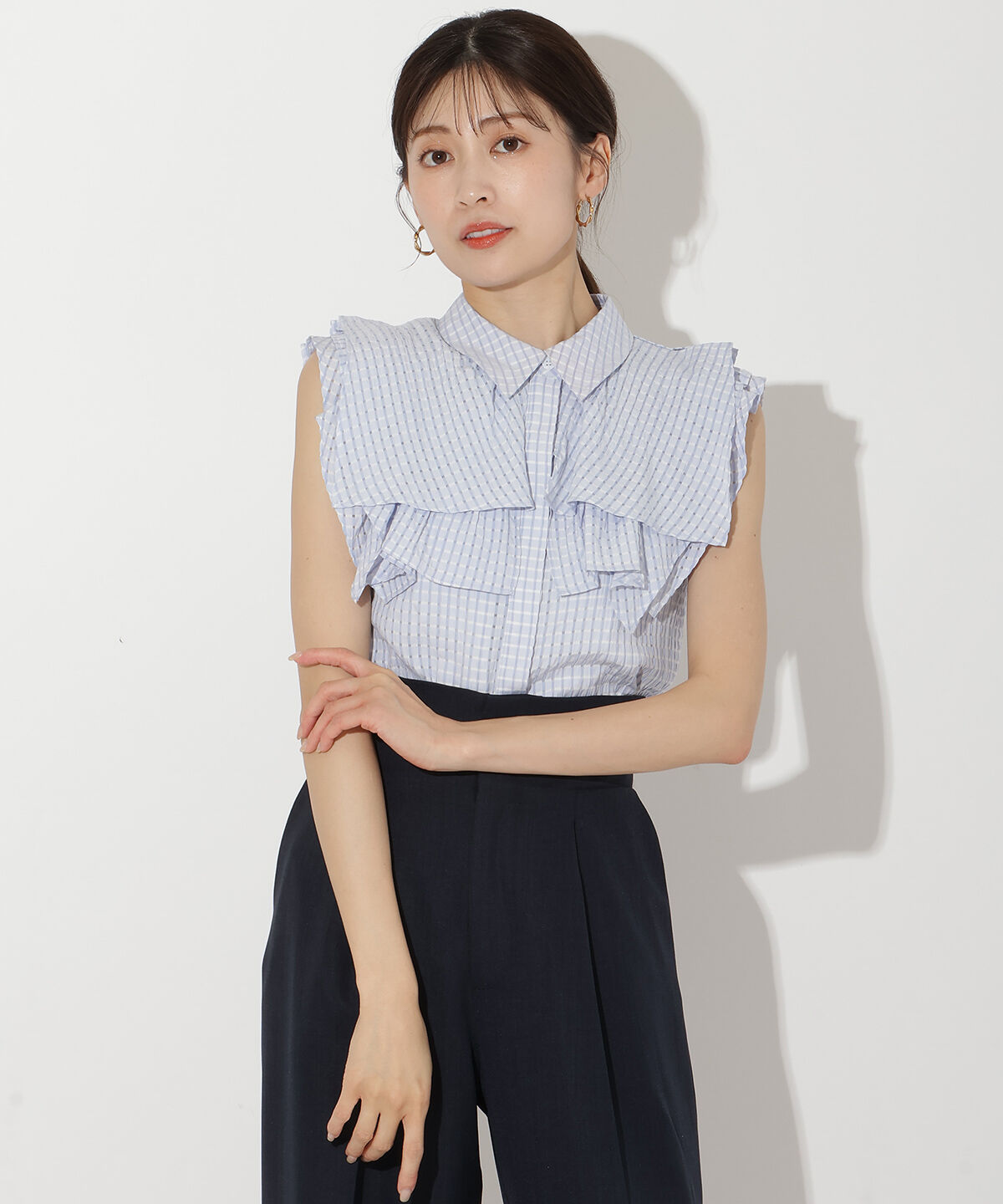 アンドクチュール「シアーチェックレイヤーフリルブラウス」|シャツ・ブラウス|