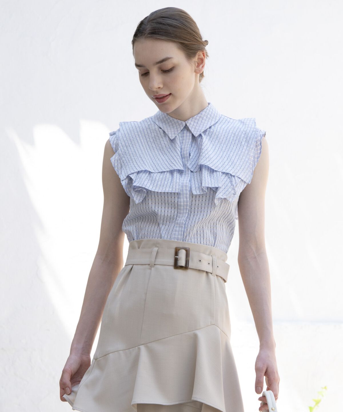 アンドクチュール「シアーチェックレイヤーフリルブラウス」|シャツ・ブラウス|