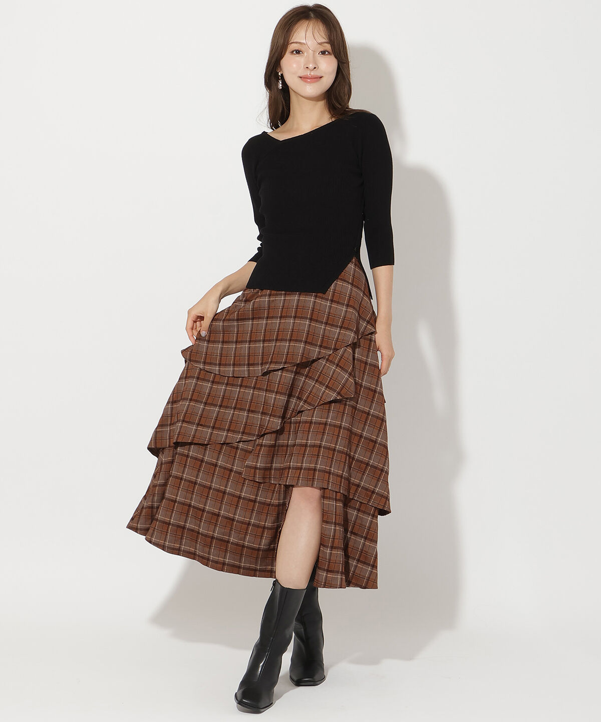 アンドクチュール「チェックアシメティアードスカート」|フレア|