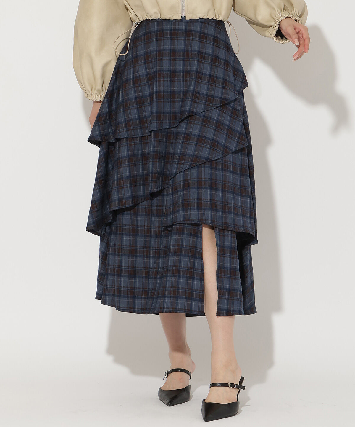 アンドクチュール「チェックアシメティアードスカート」|フレア|