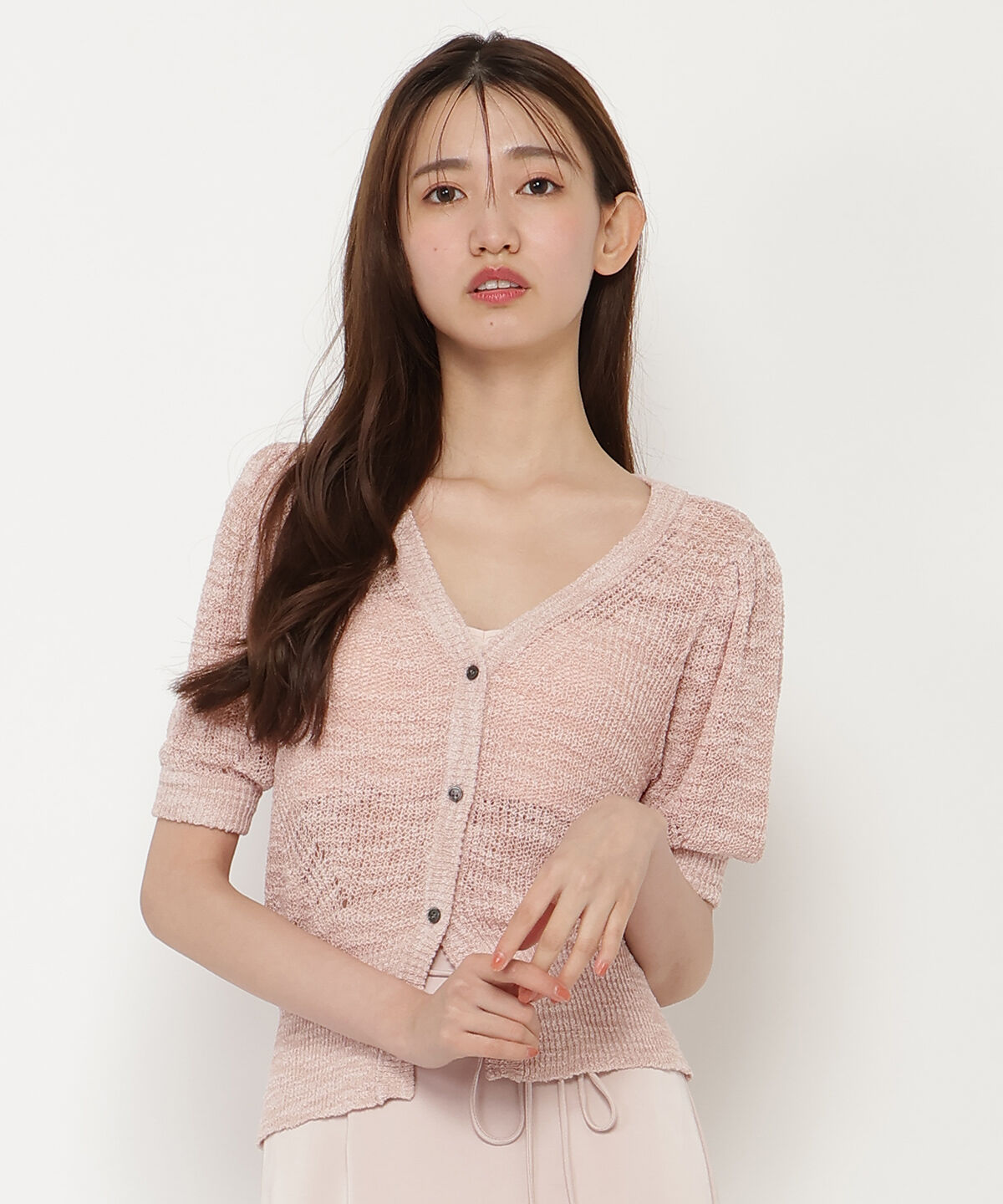 REDYAZEL「シアーニット半袖カーディガントップス」|カーディガン|ピンク