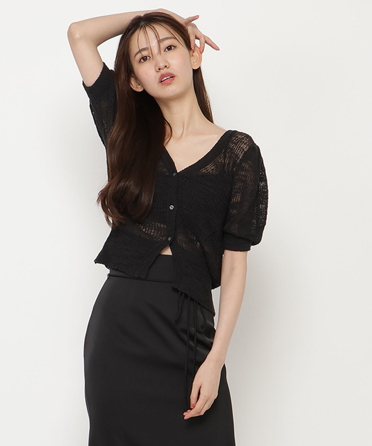 REDYAZEL「シアーニット半袖カーディガントップス」|カーディガン|ブラック