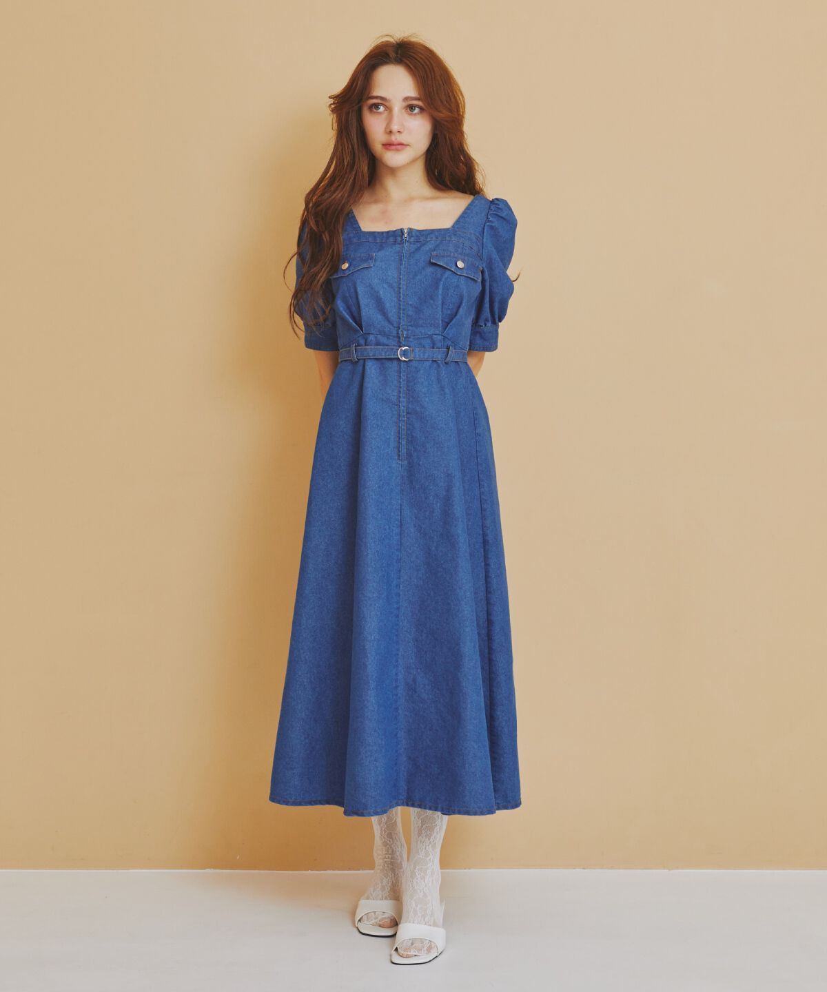 REDYAZEL「フロントジップスクエアネックフレアワンピース」|ワンピース|