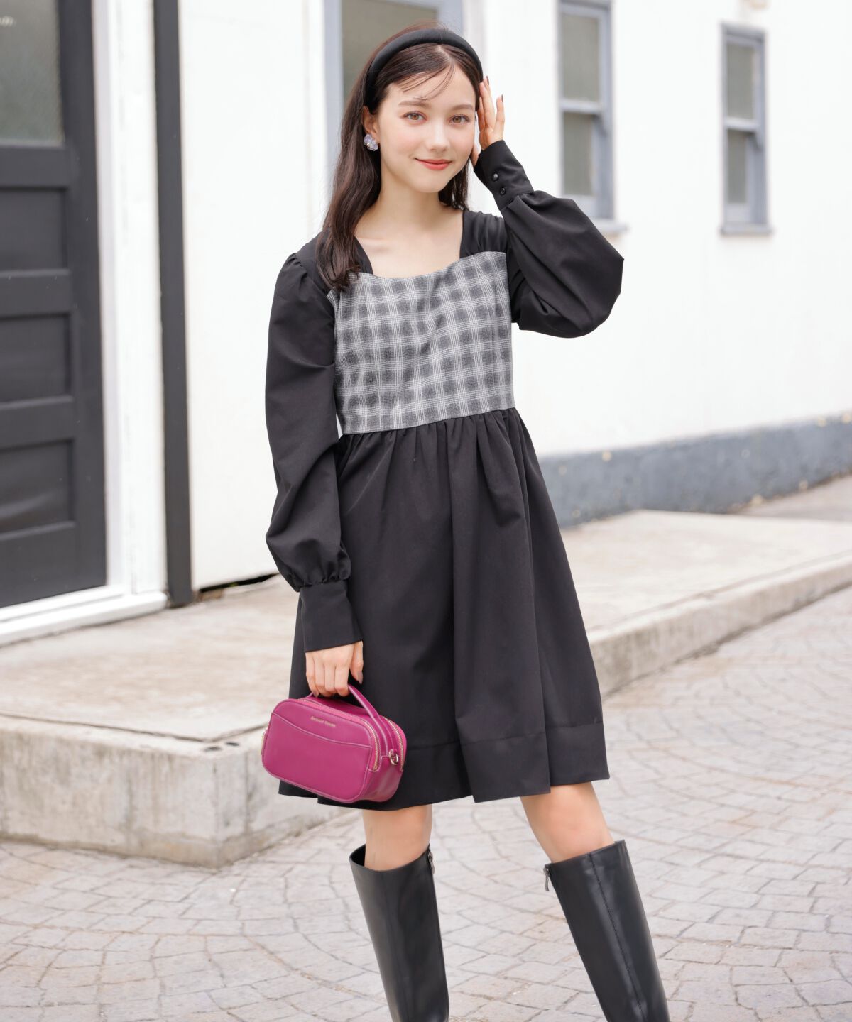 WILLSELECTION「ビスチェドッキングワンピース」|ワンピース|黒系チェック