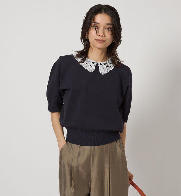 UNITED ARROWS green label relaxing「襟レース 2WAY 5分袖 プルオーバー ニット  -ウォッシャブル-」|ニット・セーター|NAVY