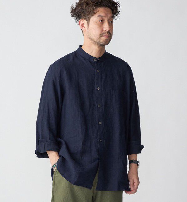 SHIPS「SHIPS: リネン キャンバス リラックスフィット バンドカラーシャツ」|シャツ・ブラウス|ネイビー