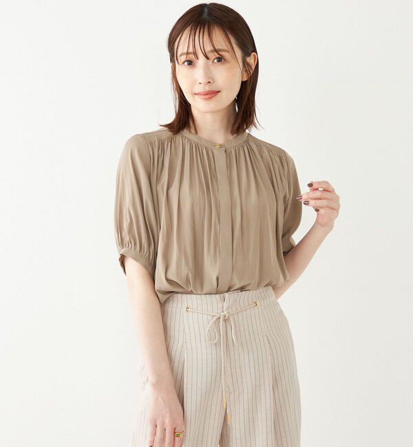 SHIPS Colors 「SHIPS Colors:〈洗濯機可能〉サテン ギャザー 5分袖 シャツ◇」|シャツ・ブラウス|カーキ