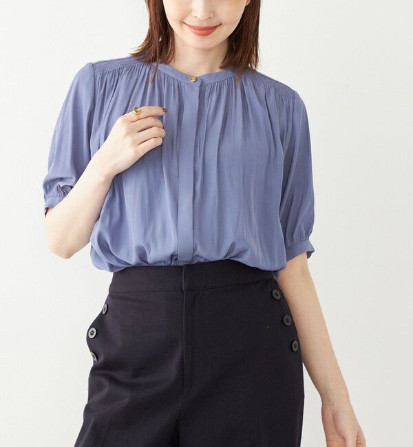 SHIPS Colors 「SHIPS Colors:〈洗濯機可能〉サテン ギャザー 5分袖 シャツ◇」|シャツ・ブラウス|ブルー系