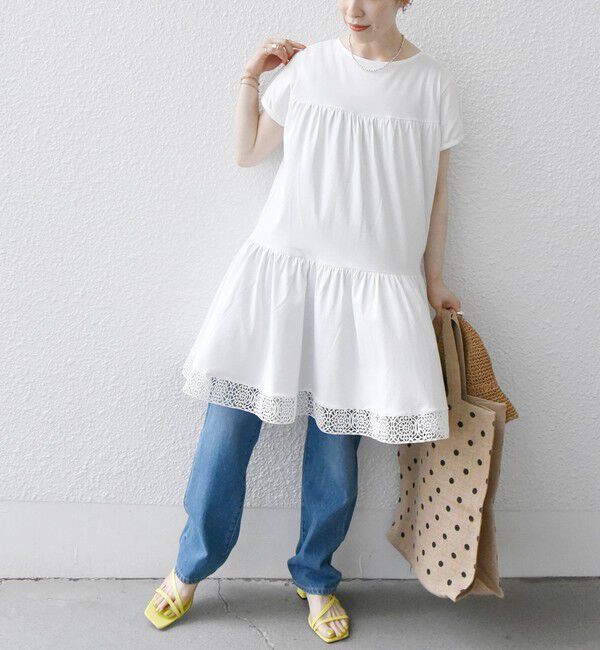 SHIPS any「SHIPS any:〈洗濯機可能〉ティアード レース チュニック Tシャツ」|Tシャツ・カットソー|ホワイト