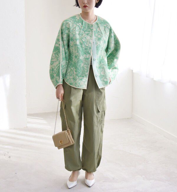 quaranciel「quaranciel: フラワー ジャカード パイピング ノーカラー ジャケット」|ノーカラージャケット|